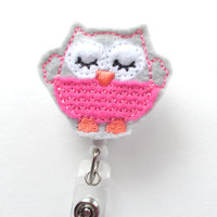 Sweet Owl Pink - Retractable ID Badge Reel - Teacher Badge Holder - Cute Badge Reel - Nurse Badge Holder - Nursing Badge Clip - Felt Badge - Thumbnail 2