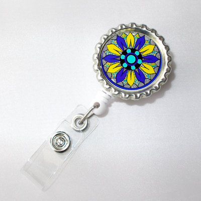 Funky flower purple and yellow - flower badge holder -  nursing badge holder - id badge reel - nurse id badge clip