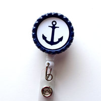White and Navy Anchor - Nursing Badge Holder - Teacher Badge Reel  - Nurse Name Badge - Nurses Badge - Cute ID Badge Reel - Sea Pass - Thumbnail 1