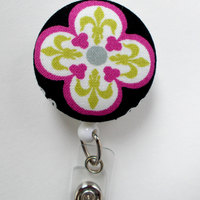Fleur de Lis Flower Fabric Button Badge Reel - Nurse Badge Holder - Nursing Badge Reel - Retractable ID Badge Reel - Teacher Badge - Nurse - Thumbnail 2