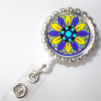 Funky Flower Purple and Yellow - Flower Badge Holder -  Nursing Badge Holder - ID Badge Reel - Nurse ID Badge Clip - Thumbnail 1