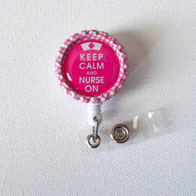 Keep calm and nurse on pink  - name badge holder - cute badge reels - id badge holder - id badge reel -  nurse id badge clip