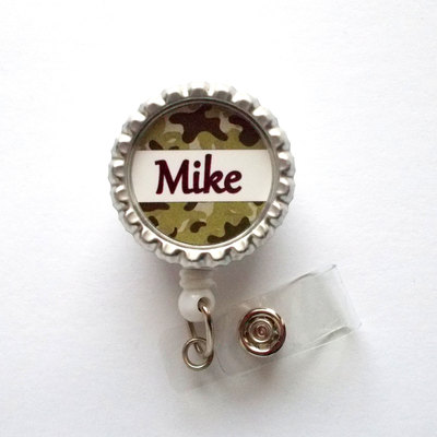 Personalized camouflage brown bottle cap badge reel - male badge reel - teacher badge - dr badge reel - camo badge reel - male nurse badge