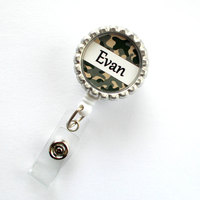 Personalized Camouflage Green Bottle Cap Badge Reel - Male Badge Reel - Teacher Badge - Dr Badge Reel - Camo Badge Reel - Male Nurse Badge - Thumbnail 1