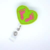 Baby Feet Heart Green and Pink - ID Felt Badge Holder - NICU Badge - Nurses Badge Holder - Nurse Badge - Pediatric Badge - Newborn Badge - Thumbnail 1