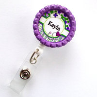 Personalized Nurse Flower Badge Purple - RN Badge Holder - Nurse Practitioner Badge Holder - Nursing Badge Holder - CRNA Badge - NP Badge - Thumbnail 1