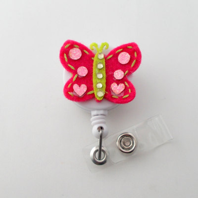 Butterfly sparkle - retractable id badge reel - rn badge holder - badge clip - teacher id - nursing badge holder - felt badge reel