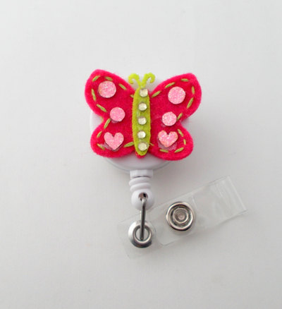 Butterfly sparkle - retractable id badge reel - rn badge holder - badge clip - teacher id - nursing badge holder - felt badge reel