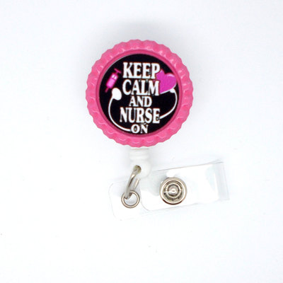 Keep calm and nurse on heart pink - cardiac care nurse badge holder - retractable id badge reel  - nurse badge holder - nursing badge holder