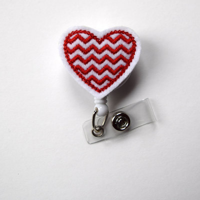 Red and white chevron heart - name badge holder - cute badge reels - pediatric badge clip  - nursing badge - teacher badge - the badge shack