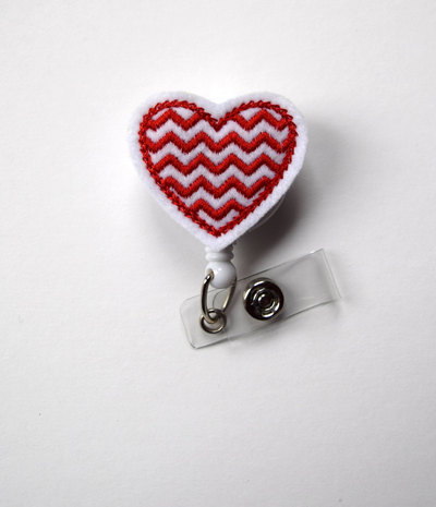Red and white chevron heart - name badge holder - cute badge reels - pediatric badge clip  - nursing badge - teacher badge - the badge shack