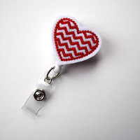 Red and White Chevron Heart - Name Badge Holder - Cute Badge Reels - Pediatric Badge Clip  - Nursing Badge - Teacher Badge - The Badge Shack - Thumbnail 1
