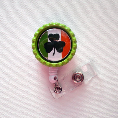 Irish flag - bottle cap badge reel - retractable id badge holder -  badge clip - name badge holder - nursing badge - teacher badge reel