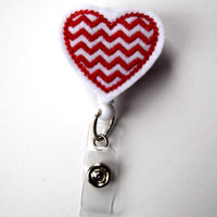 Red and White Chevron Heart - Name Badge Holder - Cute Badge Reels - Pediatric Badge Clip  - Nursing Badge - Teacher Badge - The Badge Shack - Thumbnail 2