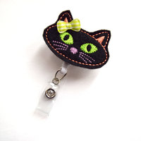 Black Cat - Retractable Badge Reel - Name Badge Holder - Cute Badge Reel - Nurse Badge Holder - Nursing Badge Clip - Felt Badge - RN - Thumbnail 1