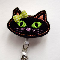 Black Cat - Retractable Badge Reel - Name Badge Holder - Cute Badge Reel - Nurse Badge Holder - Nursing Badge Clip - Felt Badge - RN - Thumbnail 2