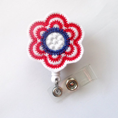 Patriotic flower  - retractable id felt badge holder - name badge holder - cute badge reel - nursing badge - felt badge reel