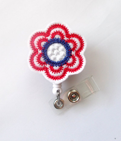 Patriotic flower  - retractable id felt badge holder - name badge holder - cute badge reel - nursing badge - felt badge reel