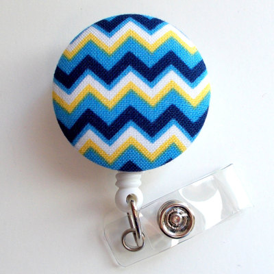 Blue and yellow chevron - retractable id badge holder - cute id badge reel - name tag holder - nursing badge clip - rn - teacher badge