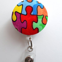 Autism Awareness Puzzle Piece - Retractable ID Badge Holder - Cute ID Badge Reel - Name Tag Holder - Nursing Badge Clip - Thumbnail 1