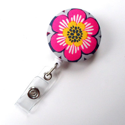 Flower pink yellow gray - cute id badge reel - nurse badge holder - nursing badge reel - retractable id badge reel - teacher badge - nurse