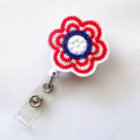 Patriotic Flower  - Retractable ID Felt Badge Holder - Name Badge Holder - Cute Badge Reel - Nursing Badge - Felt Badge Reel - Thumbnail 1