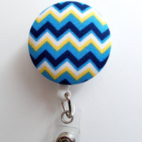 Blue and Yellow Chevron - Retractable ID Badge Holder - Cute ID Badge Reel - Name Tag Holder - Nursing Badge Clip - RN - Teacher Badge - Thumbnail 1