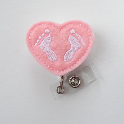 Baby feet heart pink - retractable id felt badge holder - nicu badge - nurses badge holder - nurse badge - pediatric badge - newborn badge