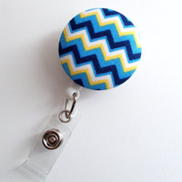 Blue and Yellow Chevron - Retractable ID Badge Holder - Cute ID Badge Reel - Name Tag Holder - Nursing Badge Clip - RN - Teacher Badge - Thumbnail 2