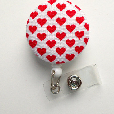 Red and white hearts fabric button - rn badge holder - valentine badge reel - nurses badge holder - cardiac badge - teacher badge