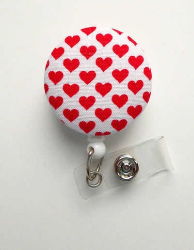 Red and white hearts fabric button - rn badge holder - valentine badge reel - nurses badge holder - cardiac badge - teacher badge