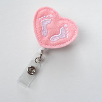 Baby Feet Heart Pink - Retractable ID Felt Badge Holder - NICU Badge - Nurses Badge Holder - Nurse Badge - Pediatric Badge - Newborn Badge - Thumbnail 1