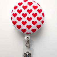Red and White Hearts Fabric Button - RN Badge Holder - Valentine Badge Reel - Nurses Badge Holder - Cardiac Badge - Teacher Badge - Thumbnail 1