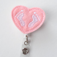 Baby Feet Heart Pink - Retractable ID Felt Badge Holder - NICU Badge - Nurses Badge Holder - Nurse Badge - Pediatric Badge - Newborn Badge - Thumbnail 2