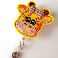 Giraffe with Bow - Retractable ID Badge Reel - Teacher Badge Holder - Cute Badge Reel - Nurse Badge Holder - Nursing Badge Clip - Felt Badge - Thumbnail 1