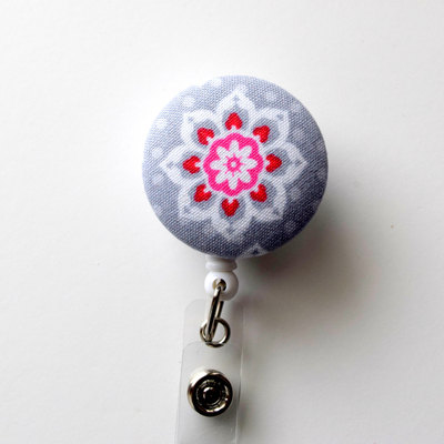 Gray and pink flower - retractable id badge holder - cute id badge reel - name badge holder - nursing badge clip - teacher badge clip - rn