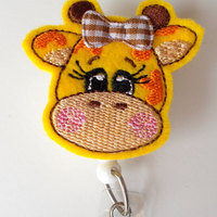 Giraffe with Bow - Retractable ID Badge Reel - Teacher Badge Holder - Cute Badge Reel - Nurse Badge Holder - Nursing Badge Clip - Felt Badge - Thumbnail 2