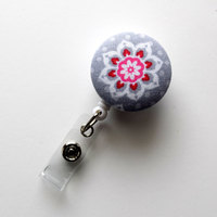 Gray and Pink Flower - Retractable ID Badge Holder - Cute ID Badge Reel - Name Badge Holder - Nursing Badge Clip - Teacher Badge Clip - RN - Thumbnail 1