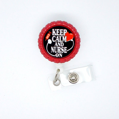 Keep calm and nurse on heart red - name badge holder - retractable id badge reel  - nurse badge holder - nursing badge holder - rn gift