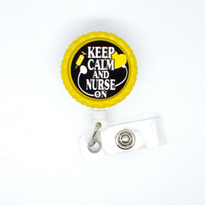 Keep calm and nurse on heart yellow - nurse badge holder - retractable id badge reel  - rn badge holder - nursing badge holder - cute id