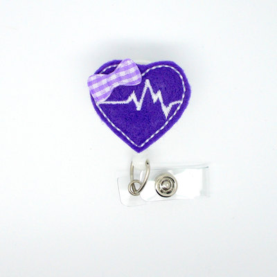 Beating heart purple - retractable badge reel - cardiac care badge - heartbeat badge - nurse badge holder - nursing badge clip - felt badge