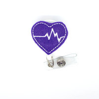 Beating Heart Purple - Retractable Badge Reel - Cardiac Care Badge - Heartbeat Badge - Nurse Badge Holder - Nursing Badge Clip - Felt Badge - Thumbnail 1