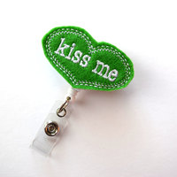 Kiss Me Heart - Cute Badge Clip - Nurses Badge Holder - Nursing Badge Holder - Teacher Badge Reel - St. Patricks Day Gift - RN Badge Clip - Thumbnail 1