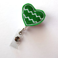 Green and White Chevron Heart - Cute Badge Clip - Nurses Badge Holder - Nursing Badge Holder - Teacher Badge Reel - St. Patricks Day Gift - Thumbnail 1