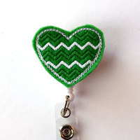 Green and White Chevron Heart - Cute Badge Clip - Nurses Badge Holder - Nursing Badge Holder - Teacher Badge Reel - St. Patricks Day Gift - Thumbnail 2