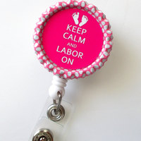 Keep Calm and Labor On - Pink Stork with Baby - Nursing Badge Holder - Labor and Delivery Badge Reel  - Nurse Name Badge - L&D Badge - Thumbnail 2