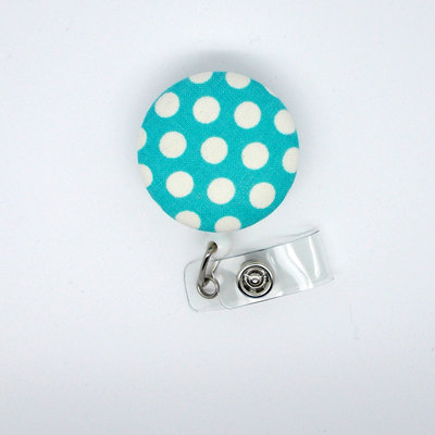 Aqua and white polka dot - name badge holder - retractable id badge reel - teacher badge clip - nurse badge holder - unique badge reel - rn