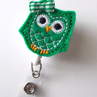 Kelly Green Owl with bow - Retractable ID Felt Badge Holder - Name Badge Holder - Nurse Gift - Nursing Badge Clip - Nurse Badge Holder - Thumbnail 2