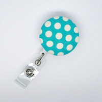 Aqua and White Polka Dot - Name Badge Holder - Retractable ID Badge Reel - Teacher Badge Clip - Nurse Badge Holder - Unique Badge Reel - RN - Thumbnail 1
