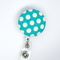 Aqua and White Polka Dot - Name Badge Holder - Retractable ID Badge Reel - Teacher Badge Clip - Nurse Badge Holder - Unique Badge Reel - RN - Thumbnail 2